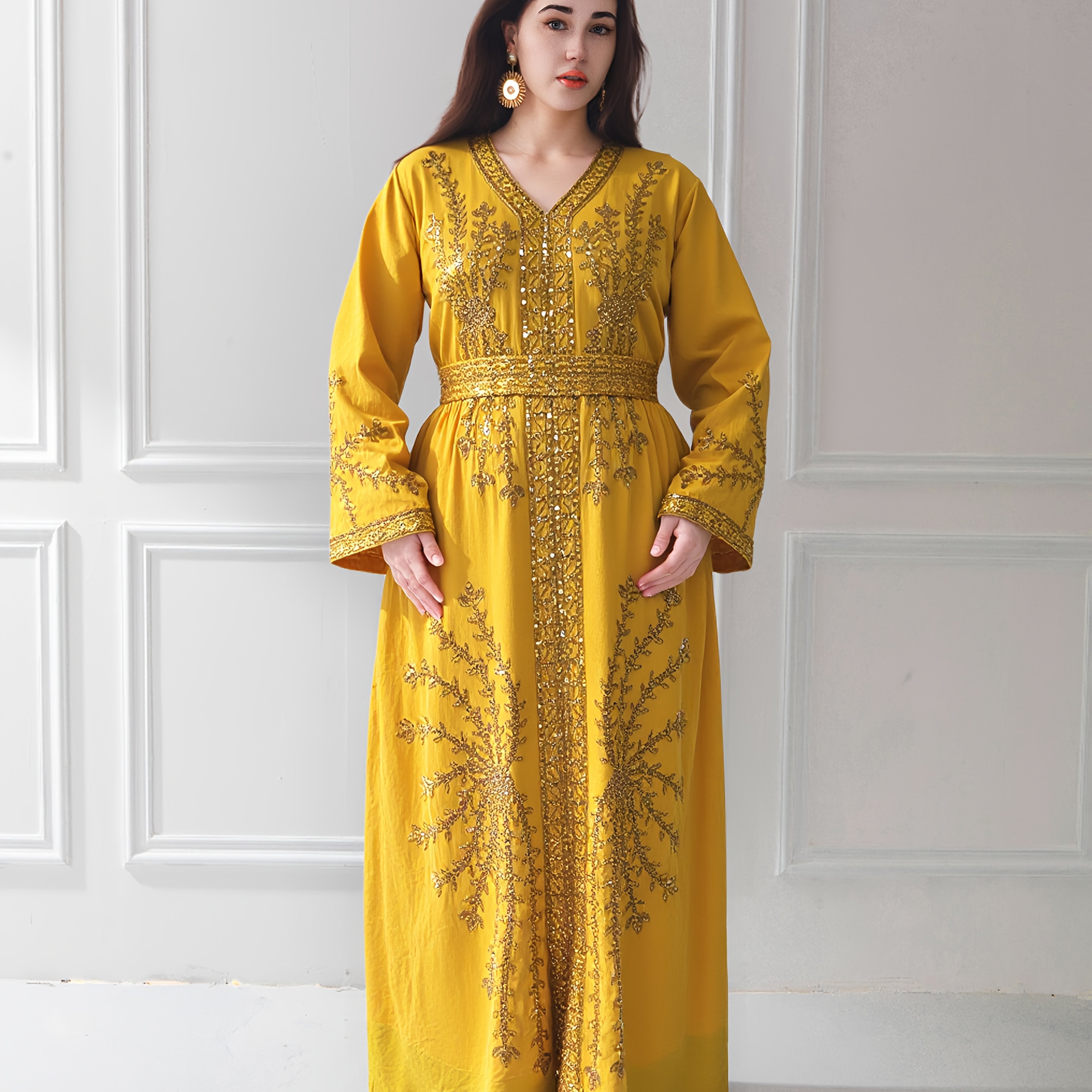 Plus Size Embroidered Maxi Dress White Gold V-Neck Long Sleeve Casual Formal