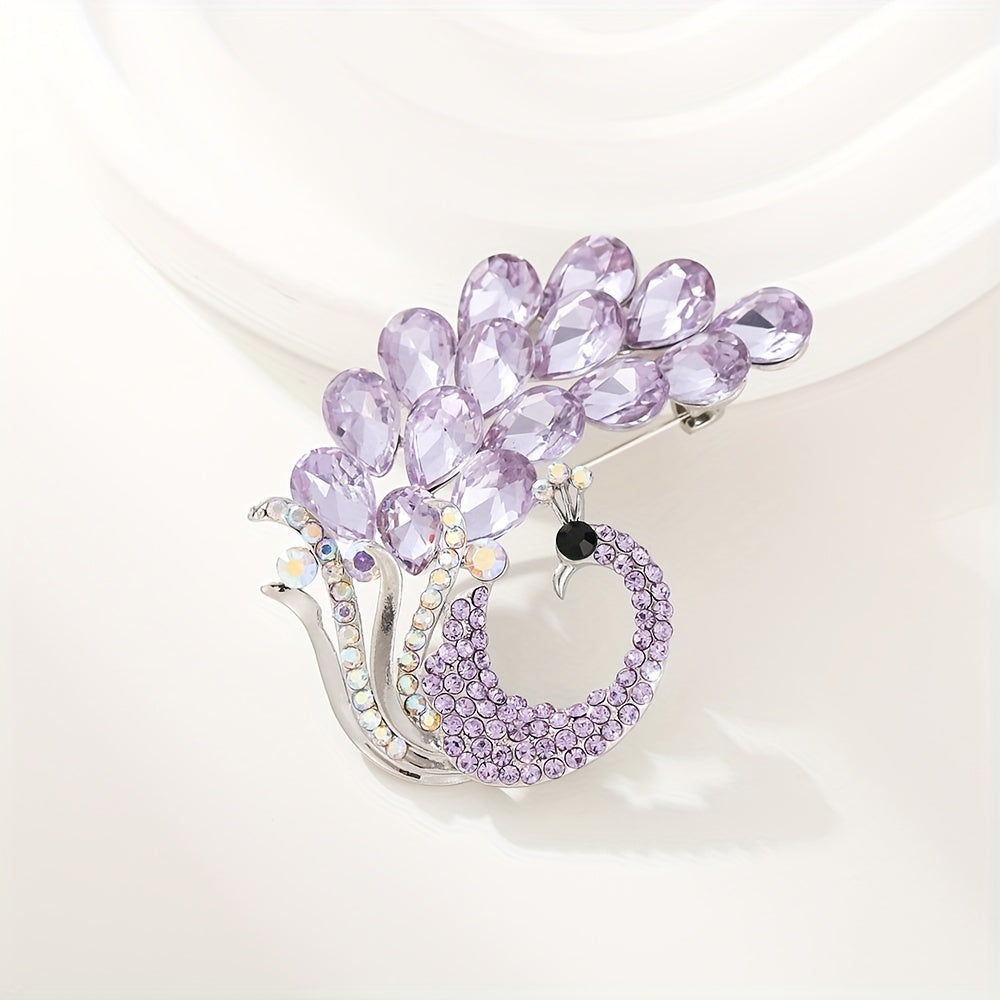 Purple Crystal Brooch Pin with Peacock Design Rhinestones for Women