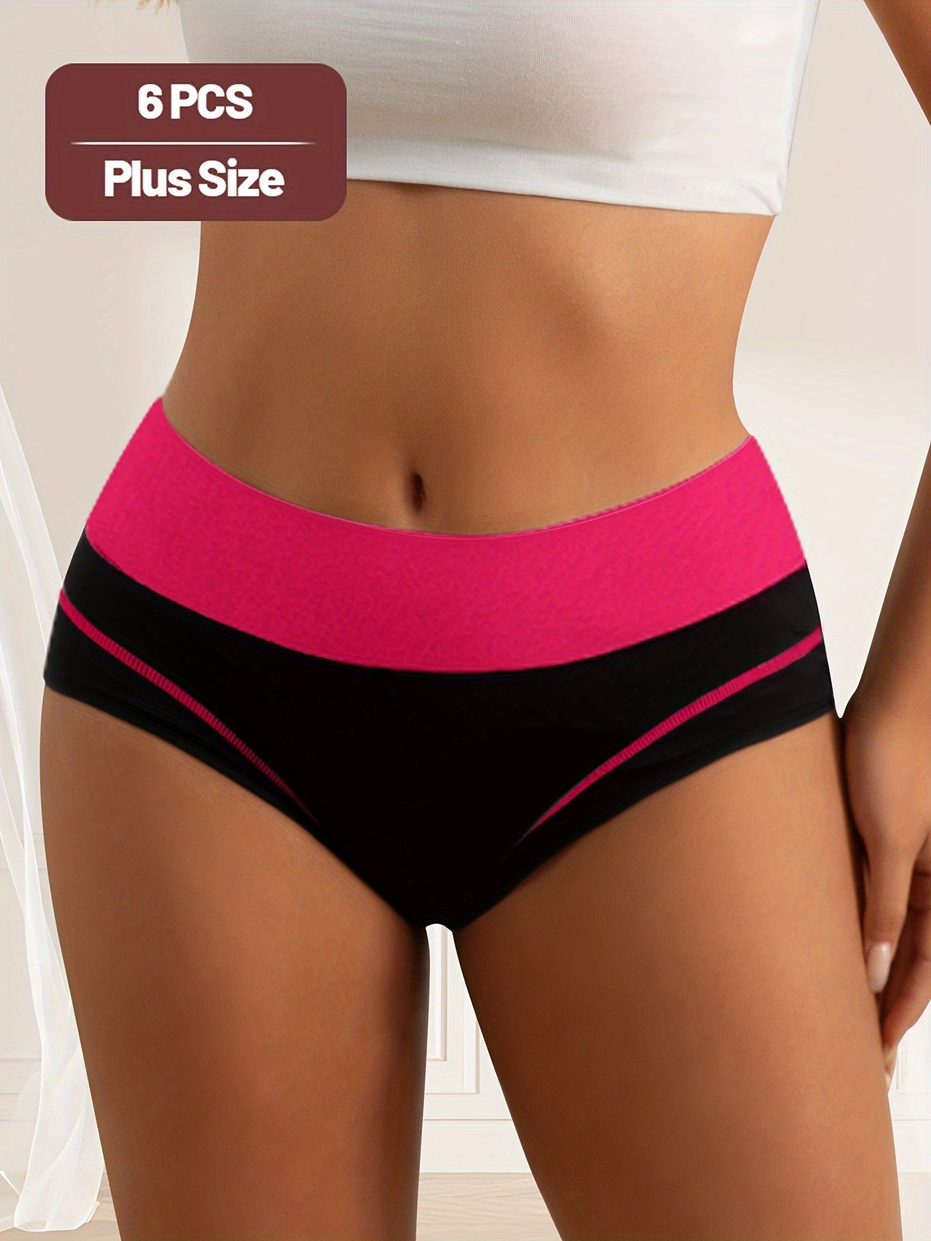 MIOTAN Elegant Katta O'lchamdagi Yuqori Belli Ichki Kiyimlar 6-Paket - Rangli Blok Dizayni, 95% Paxta, 5% Elastan, O'rtacha Cho'ziluvchan Trikotaj Matolari, To'liq Qoplash Quvvatli Moslashuv