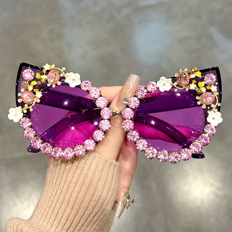 Gafas de sol con cristales en forma de gato, con rhinestones y degradado floral para fiestas de disfraces y prom.