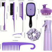 Набор из 12 расчесок для укладки волос, включая расческу для распутывания волос, силиконовую массажную щетку для кожи головы, расческу для распутывания, щетку для начеса, расческу с краем и бутылку для спрея для парикмахерских инструментов.