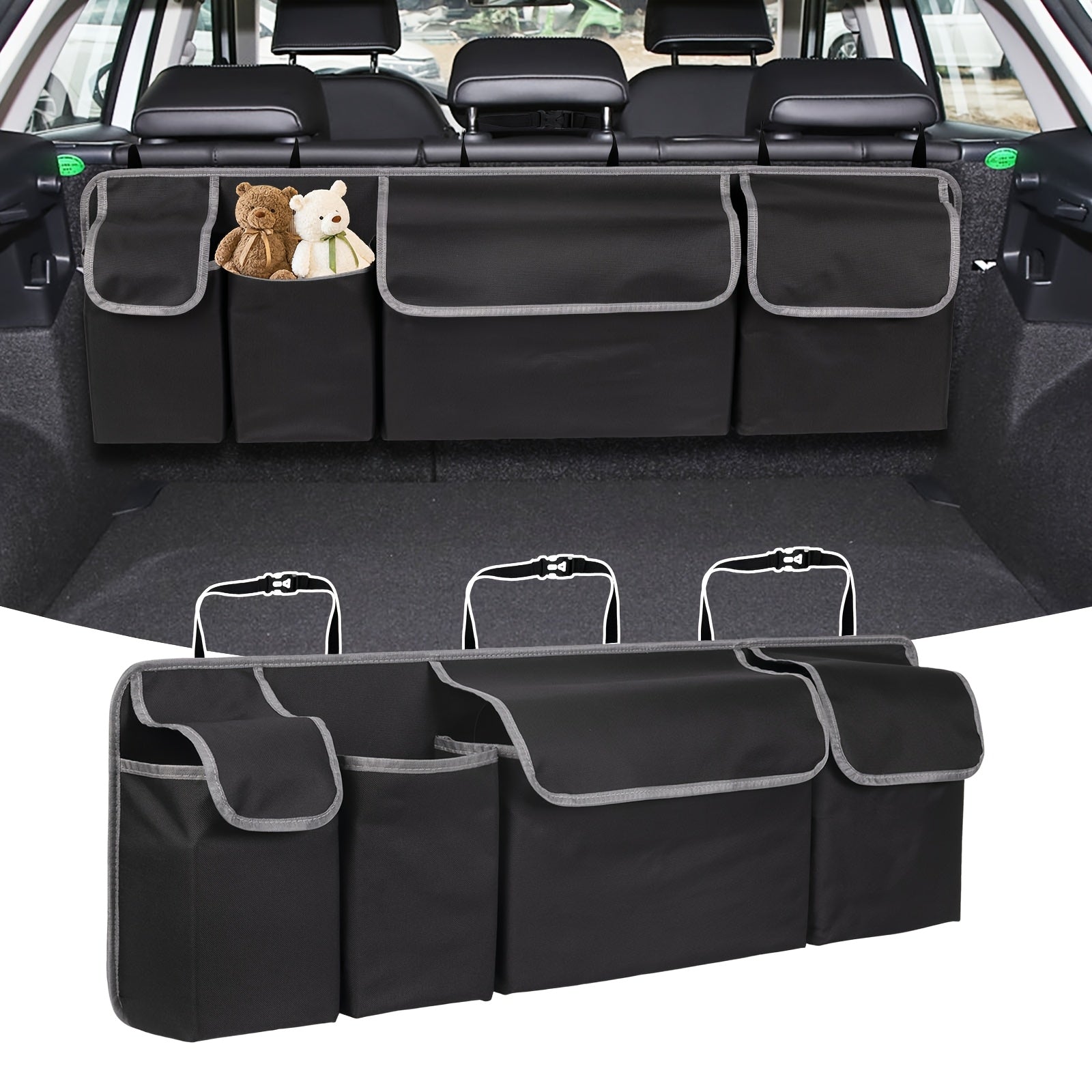 Multi-Functional Car Trunk Organizer Nylon with 4 Pockets and Adjustable Straps