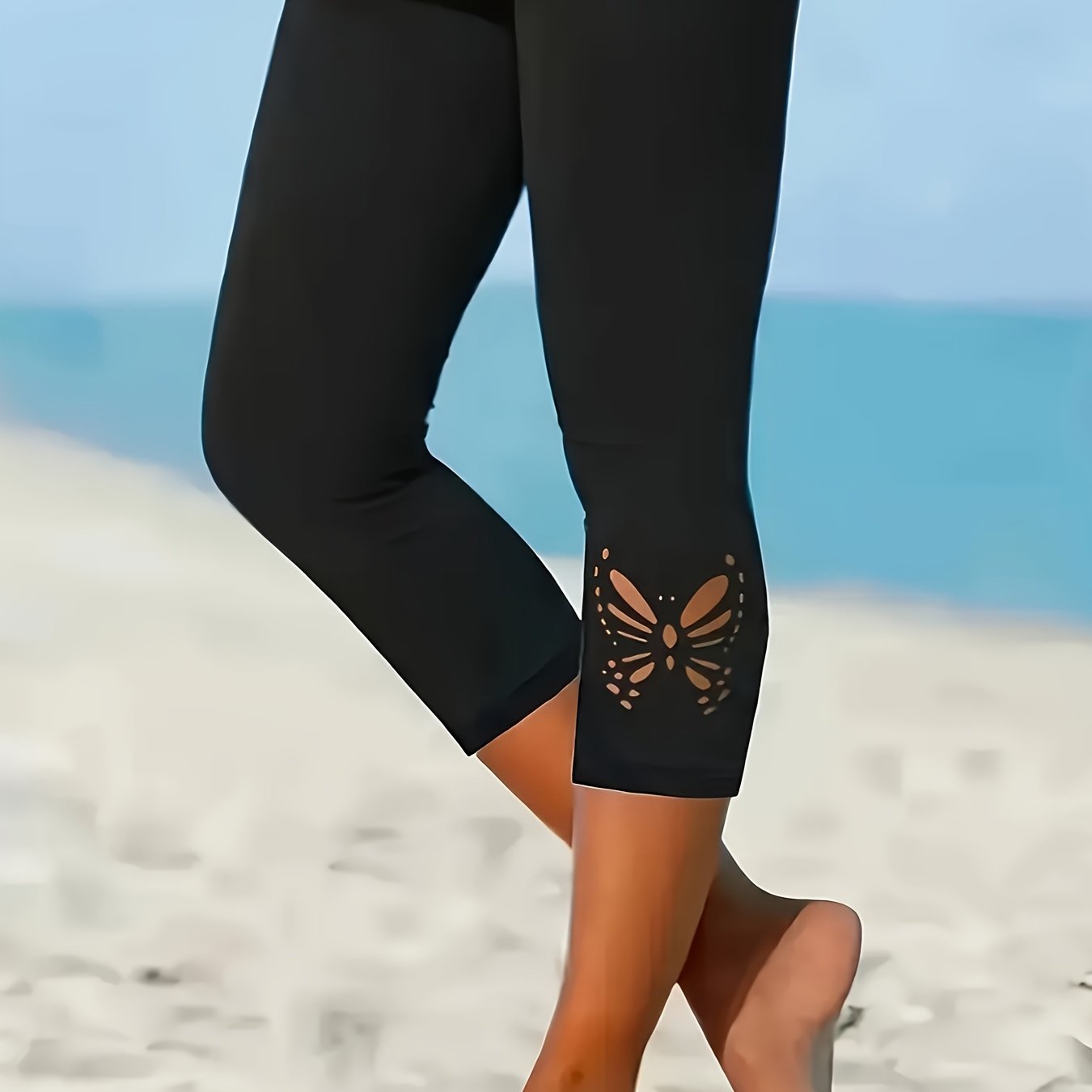 Women's Plus Size High-Waisted Capri Leggings with Butterfly Cut-Out Black