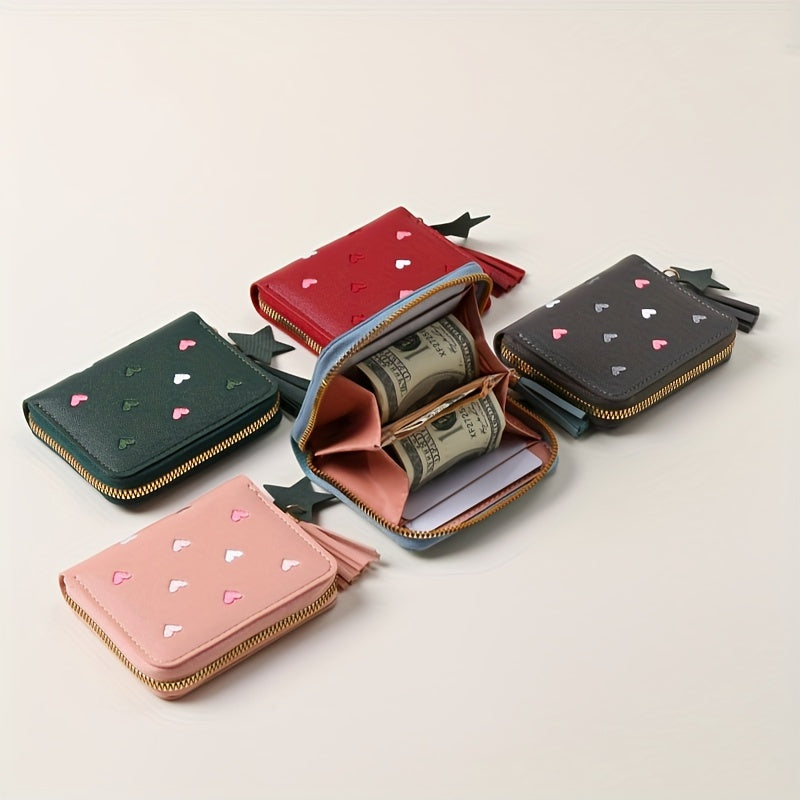 Women Embroidered Faux Leather Wallet with Heart and Star Tassels Zip Around Coin Purse Clutch Black