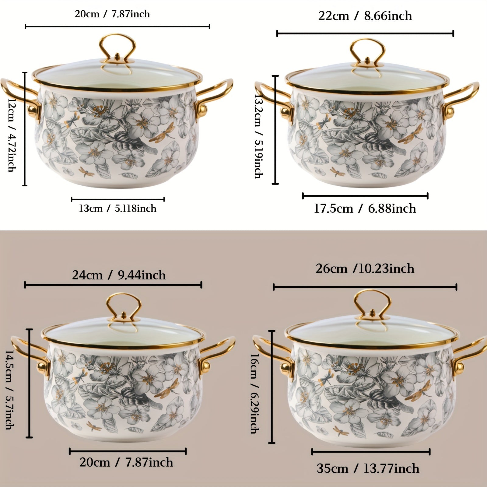 Enamel Soup Pot with Golden Trim, Dragonfly and Floral Design, 3 Quart