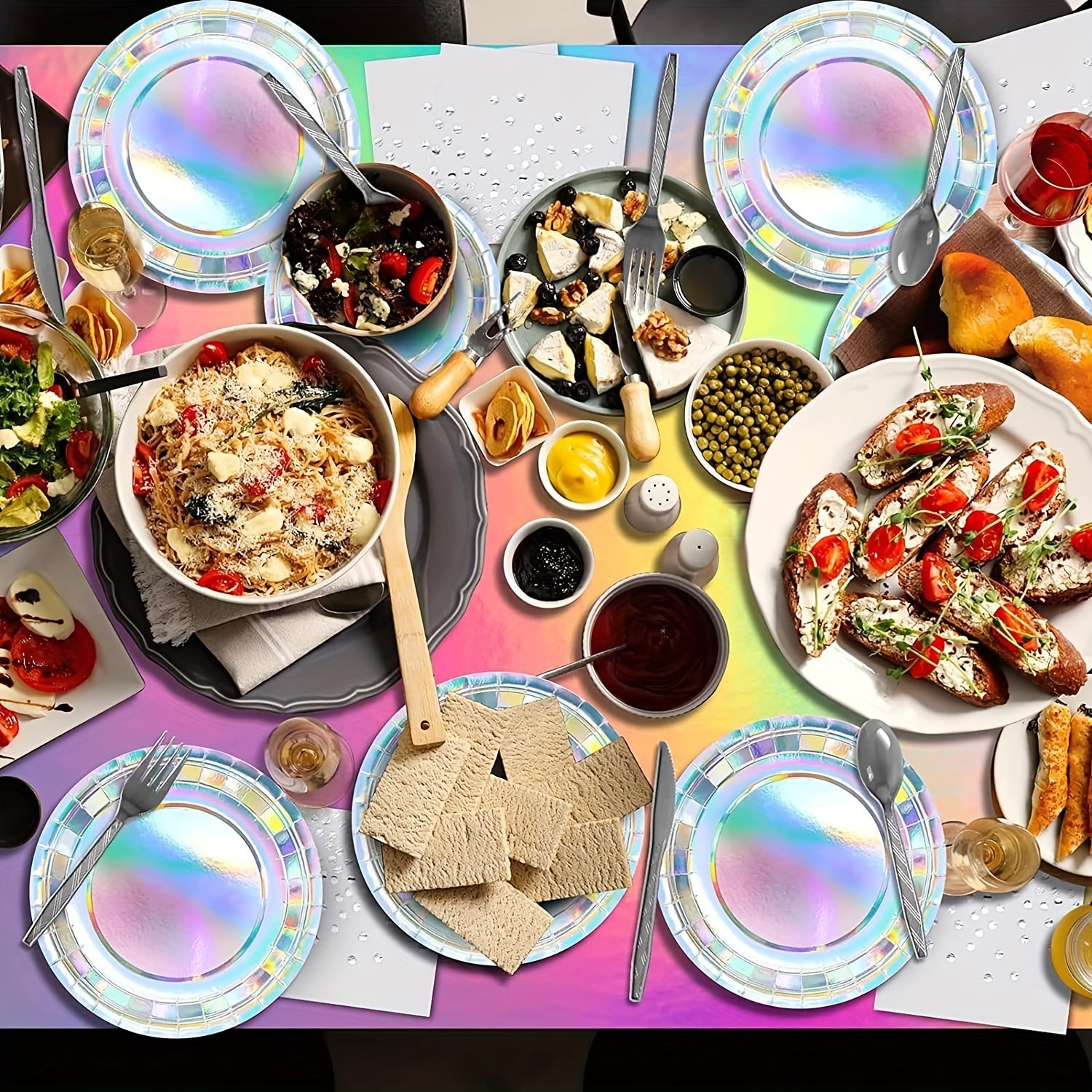 Set of 10/30 Rainbow Holographic Disposable Plates 17.78cm Round Party Dinnerware