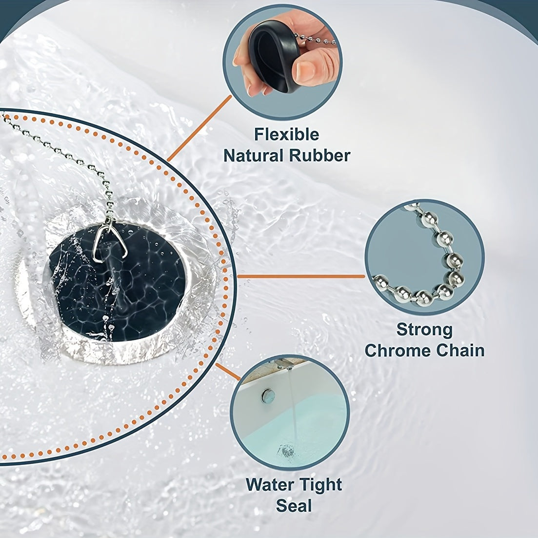 Zanjirli kauchuk hammom plagi, 4 sm diametr, o'rnatish va tozalash oson.