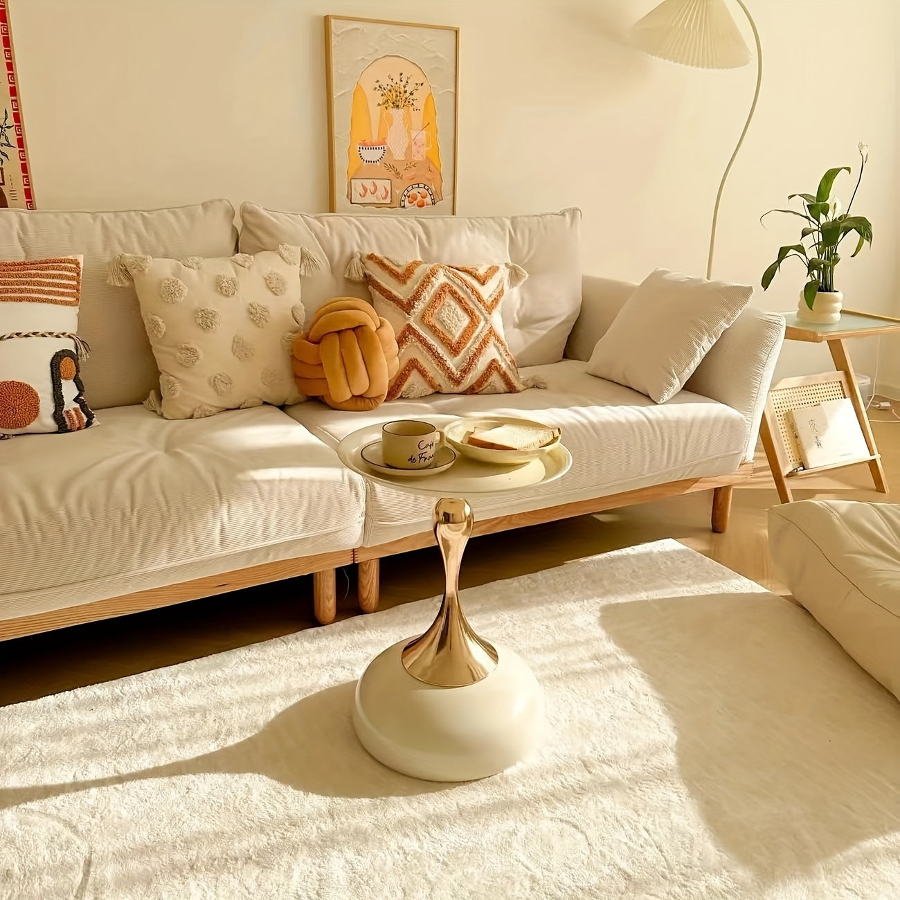 Mesita de metal dorado con almacenamiento para sala de estar y patio