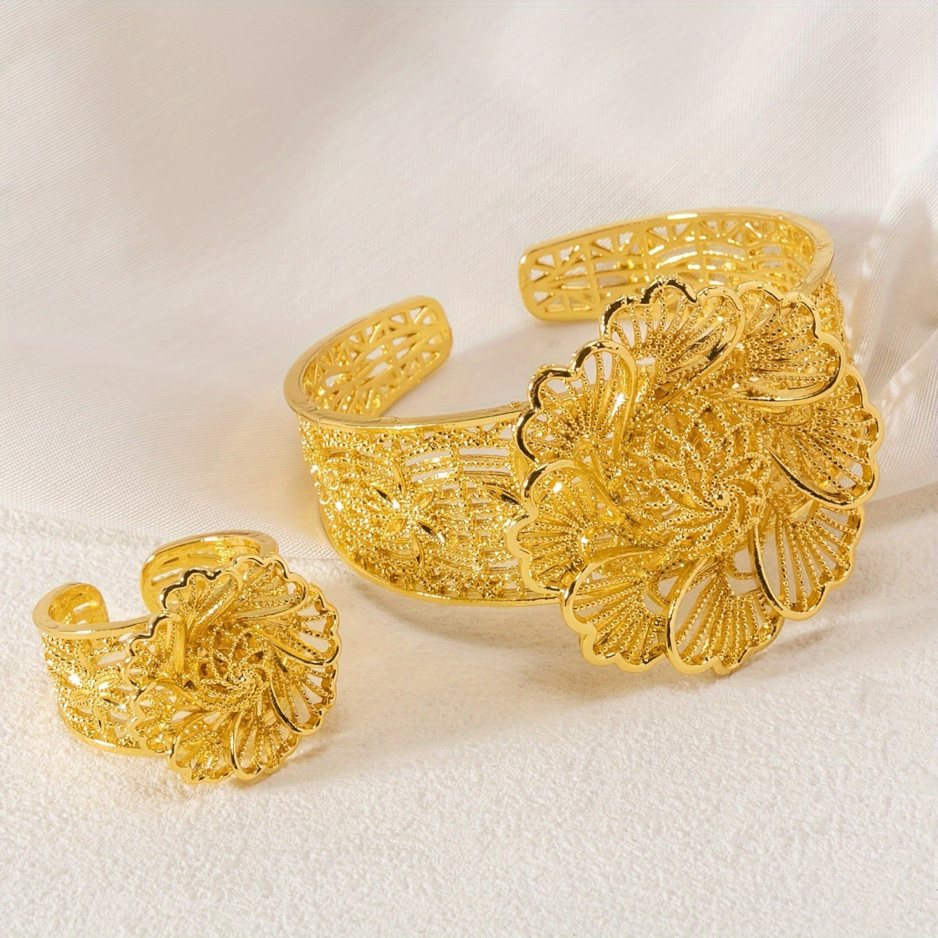 Women Flower Open Cuff Bracelet and Ring Set Alloy Jewelry for Everyday and Formal Wear