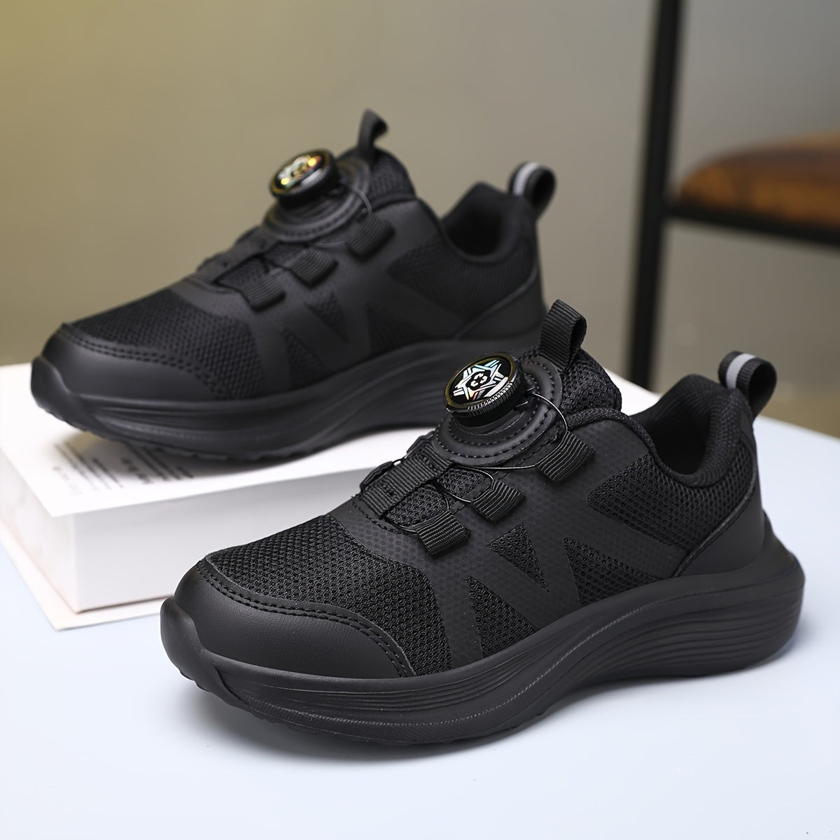 Kids' Breathable Mesh Running Shoes with Rotating Buckle Black All-Season Sneakers for Boys and Girls