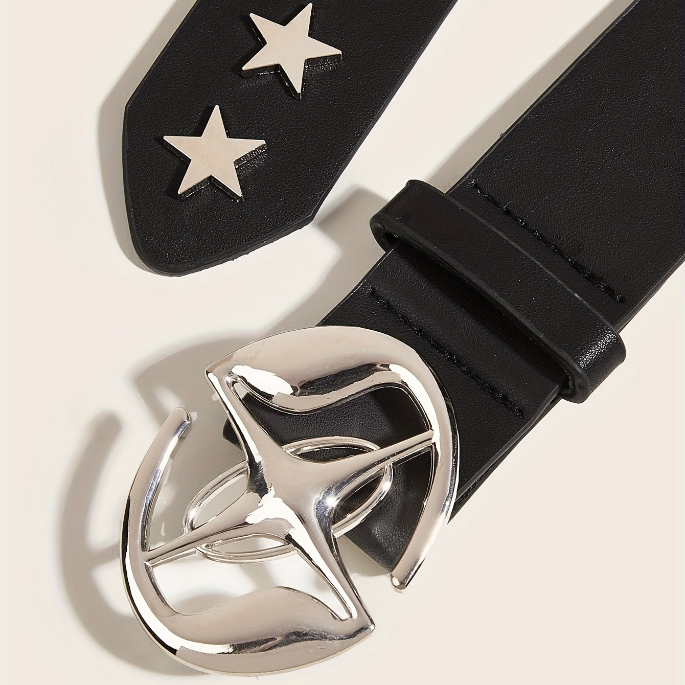 Black PU Belt for Women with Oval Hollow Out Buckle and Star Rivet Decor