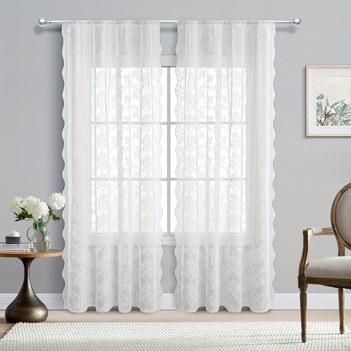 French Romantic Lace Sheer Curtains with Floral Double-Sided Design and Rod Pocket