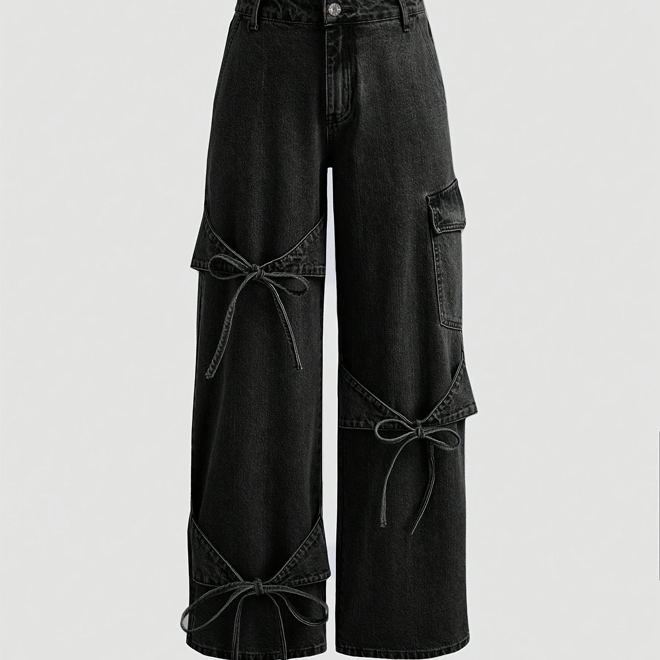 Women's Black Cargo Jeans Wide Leg Bow Tie Non-Stretch Rayon Spring Fall