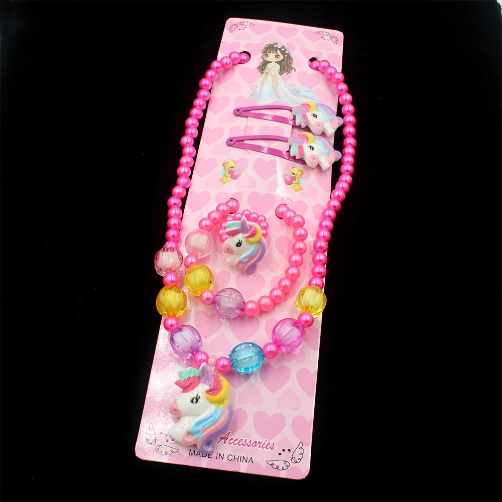 Unicorn Beaded Jewelry Kit for Kids Animal-Themed Necklace Bracelet Ring Hair Clips