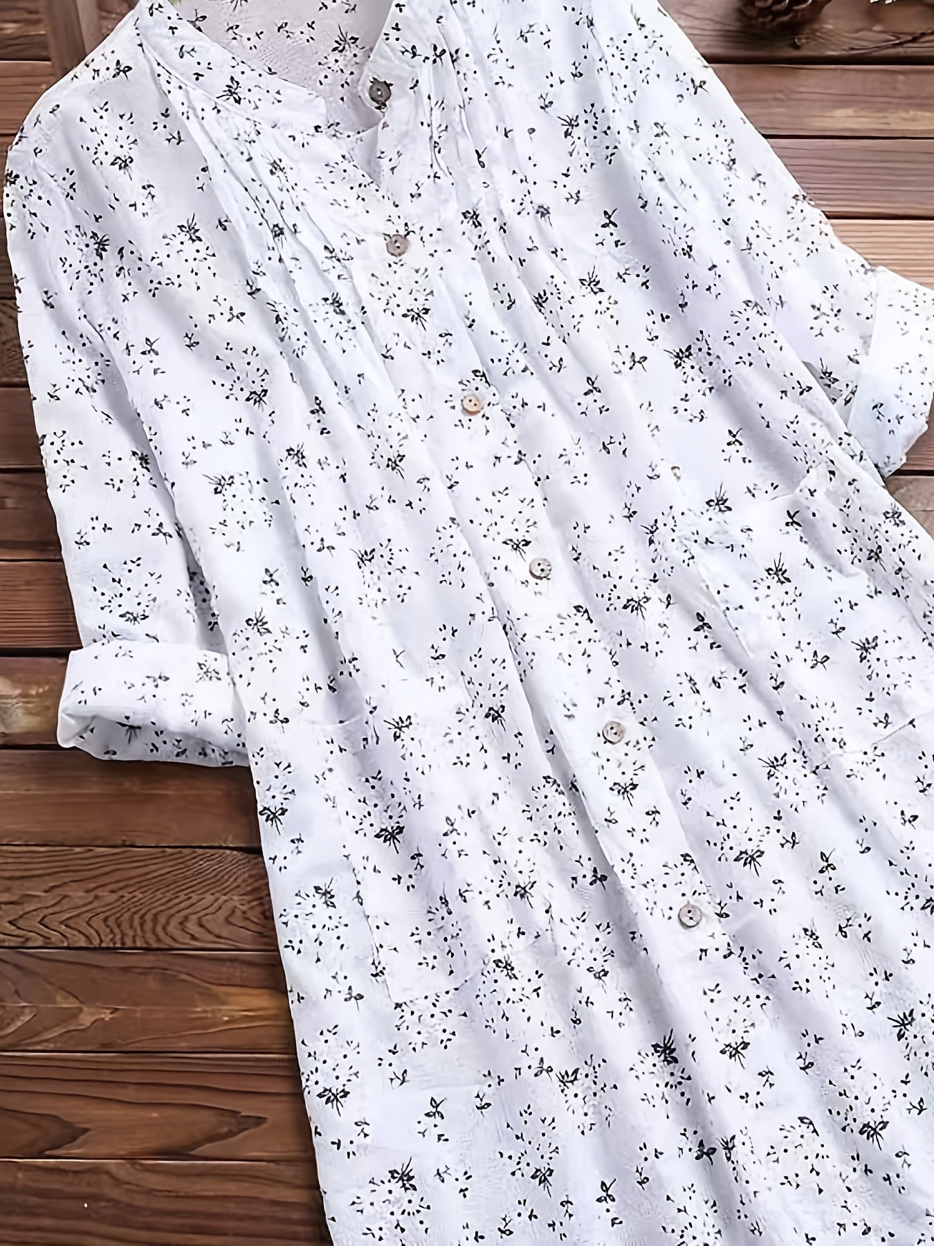 Plus Size Floral Print Blouse Long Sleeve Button-Up Stand Collar Fall Spring