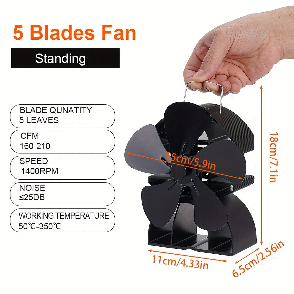 Portable Heat Powered Stove Fan for Wood Burners, Eco-Friendly 5-Blade Air Circulation