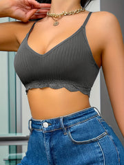Women's Wireless Bra with Lace Trim and Breathable Ribbed Fabric