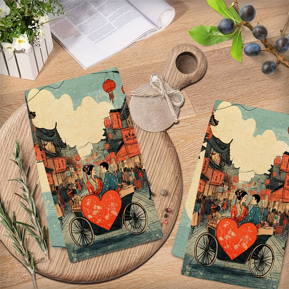 Luxuriously Soft Kitchen Towels with Traditional Chinese Couple Illustration, Highly Absorbent