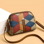 Women's Colorblock Crossbody Bag with Retro Rhombus Pattern PU Zipper Adjustable Strap