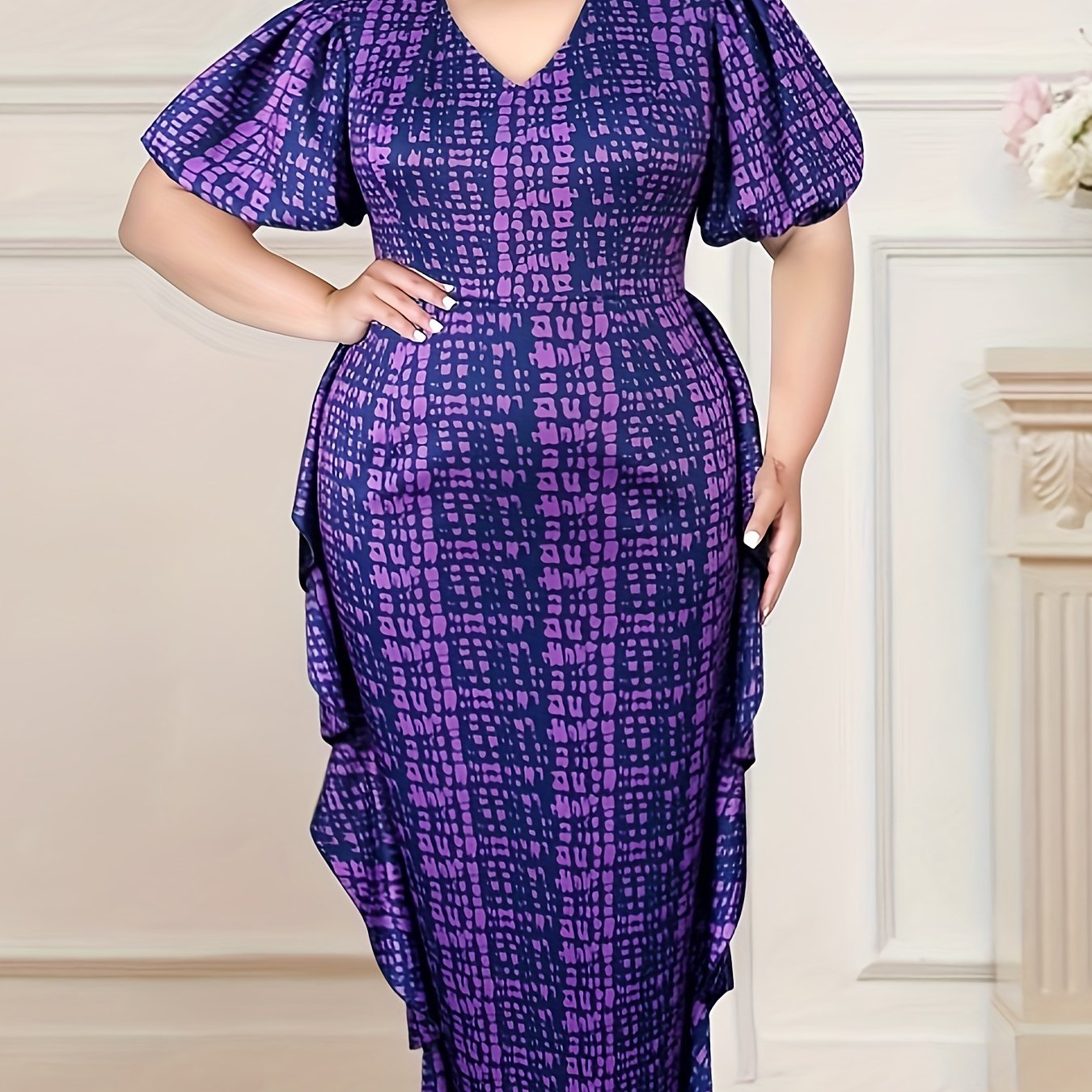 Women's Plus Size Purple Printed Maxi Dress V-Neck Ruffle Hem