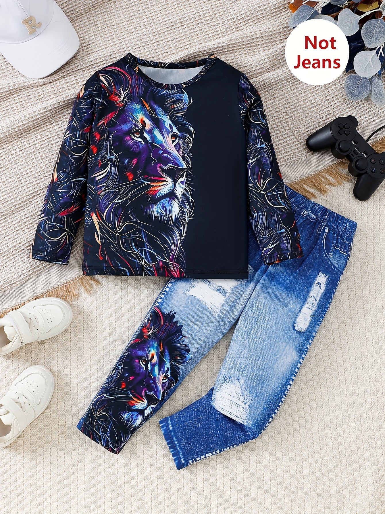 Boys' Lion Print Long Sleeve Top and Faux Denim Pants Set Fall Winter Casual Stretch Fabric
