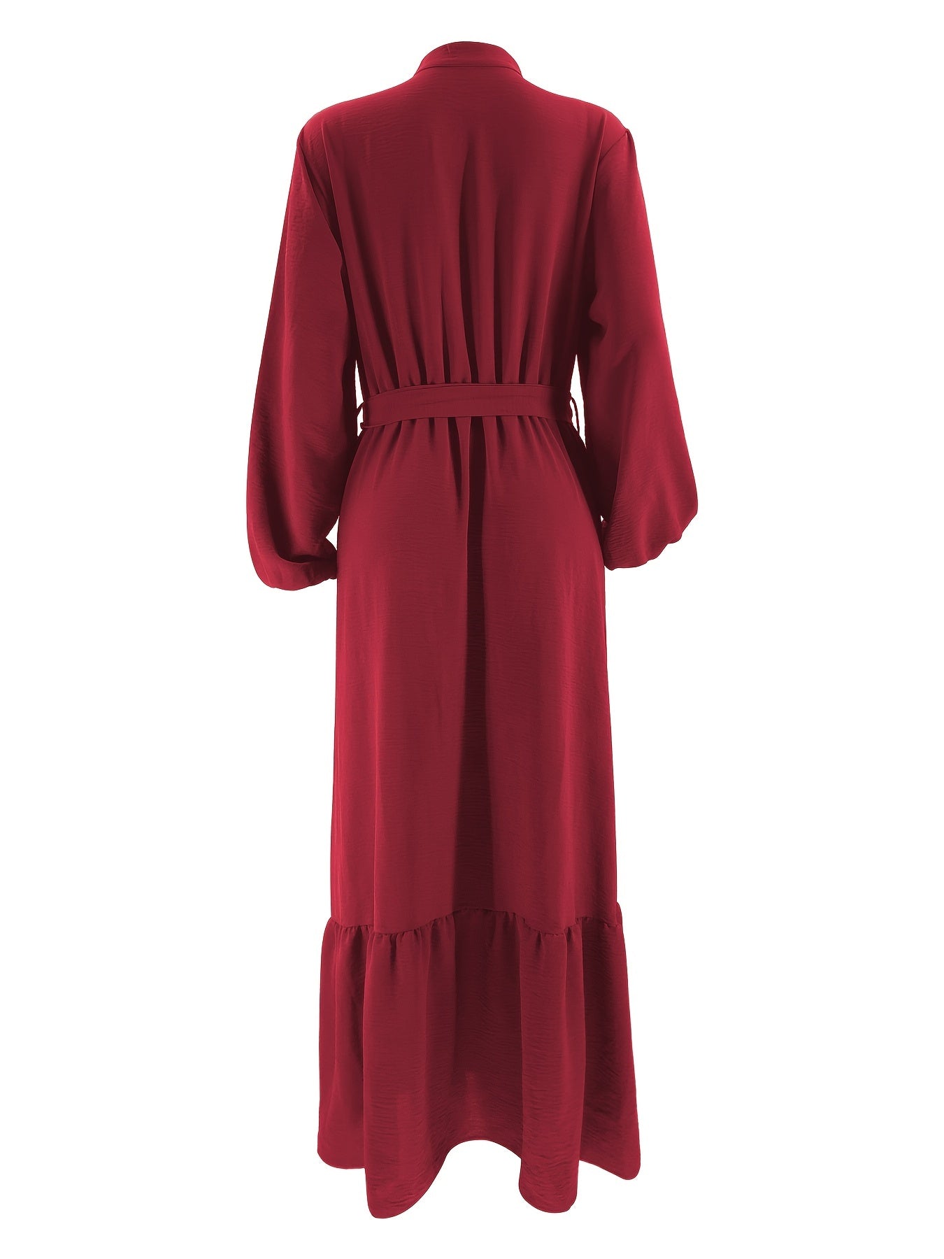 Elegant Burgundy Maxi Dress for Muslim Women Long Sleeve Button Solid Polyester Spandex Casual