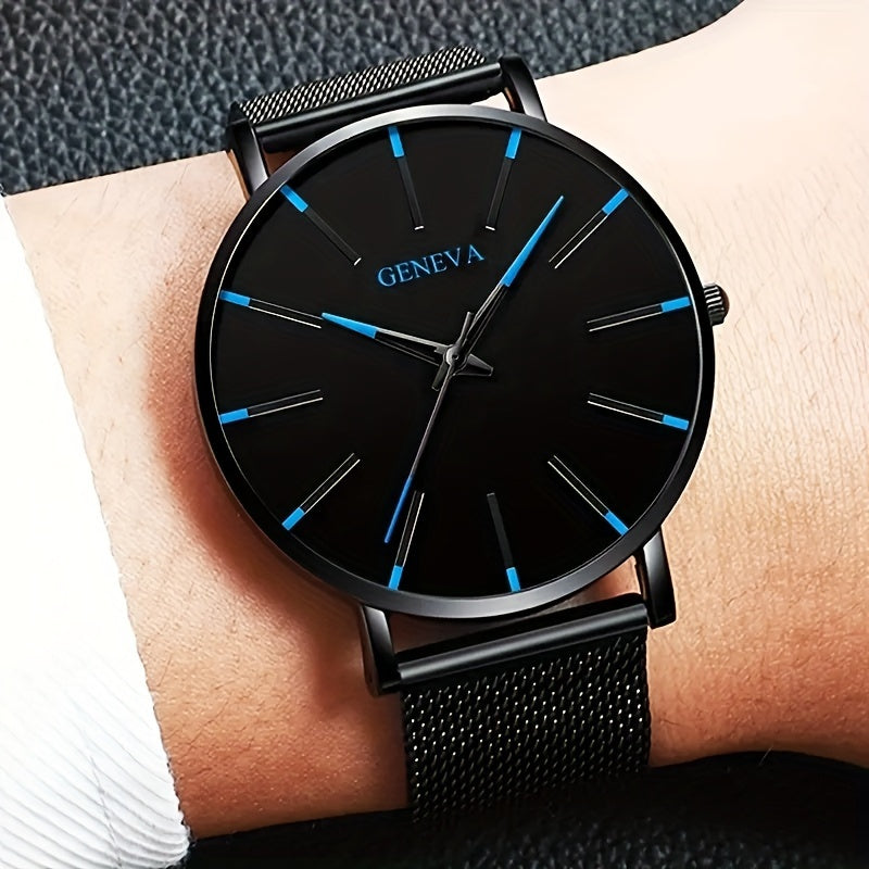 Men's Sports Casual Round Dial Mesh Strap Quartz Watch and Bracelet Set