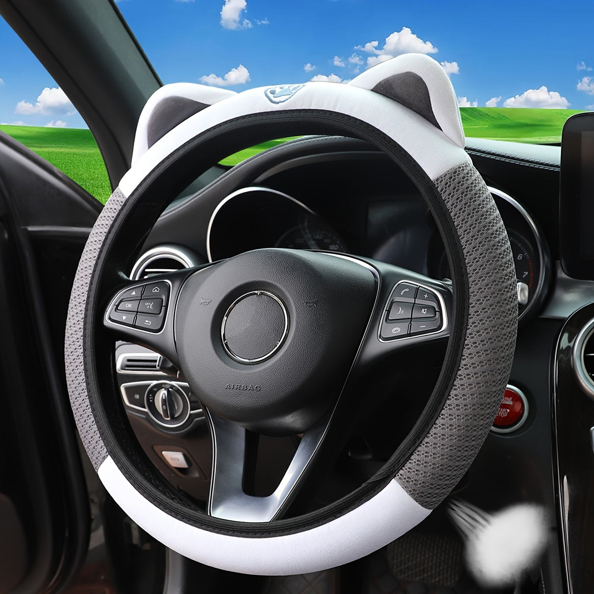 Cute Pink White Cat Steering Wheel Cover Breathable Mesh Stretchable Car Accessory