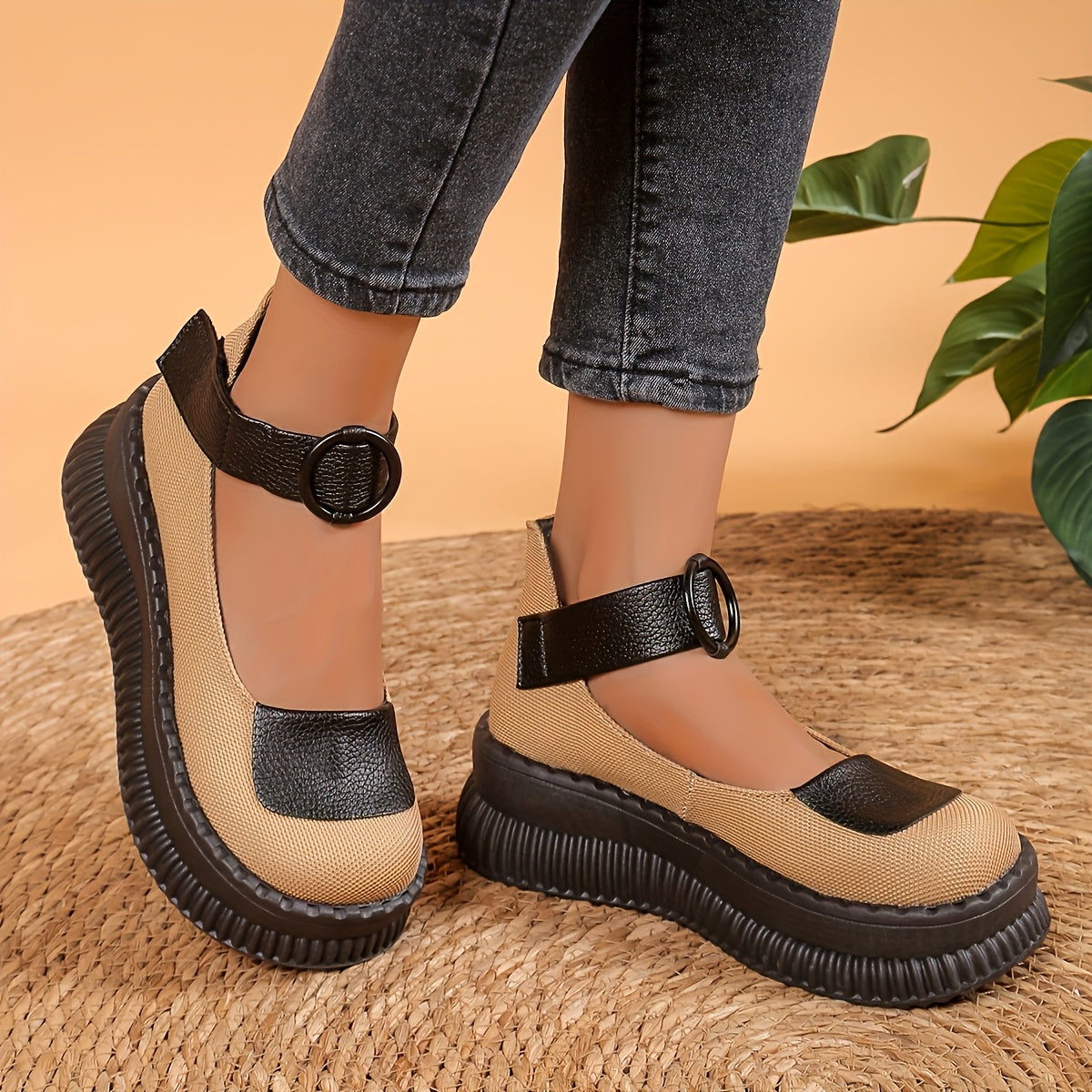 Women's Retro Thick Sole Wedge Shoes Beige Black Summer Casual Ankle Strap
