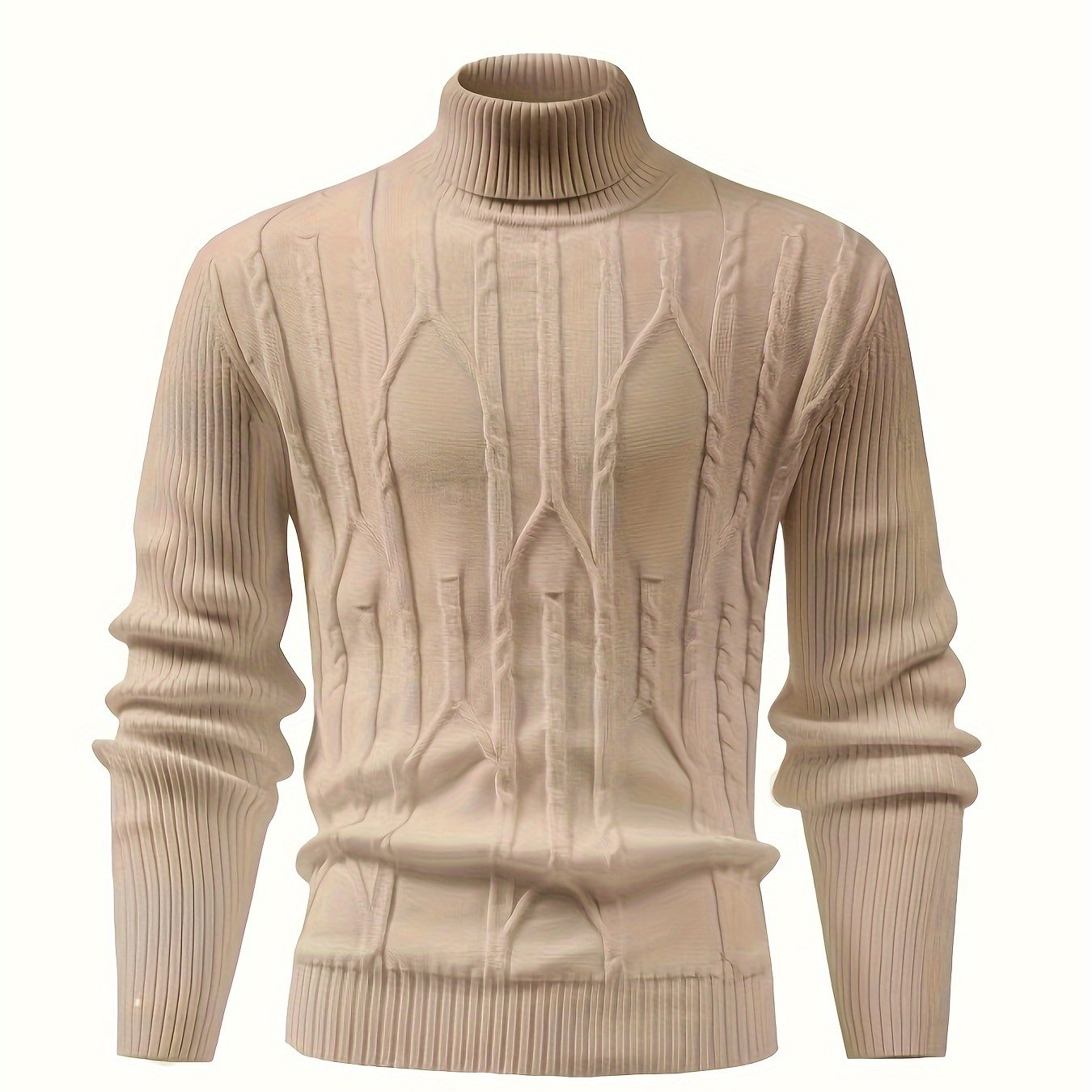 Erkaklar uchun vintage uslubidagi oq rangli kabel to'qilgan sviter, iliq, cho'ziluvchan polyesterdan tayyorlangan, bo'yin qismi, uzun yenglar, ribbed tafsilotlar va har mavsumda qulaylik.