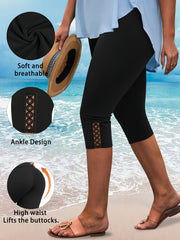 Women's Plus Size High-Waist Capri Leggings with Lace, Stretchy, Solid Color