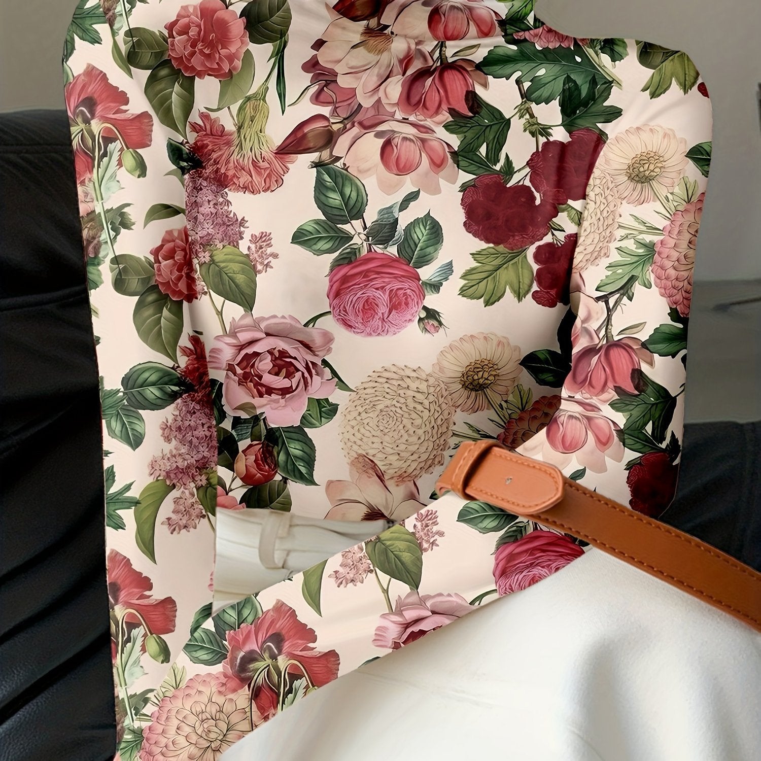 Women's Plus Size Floral Print Long Sleeve T-Shirt Polyester High Neck Casual Top