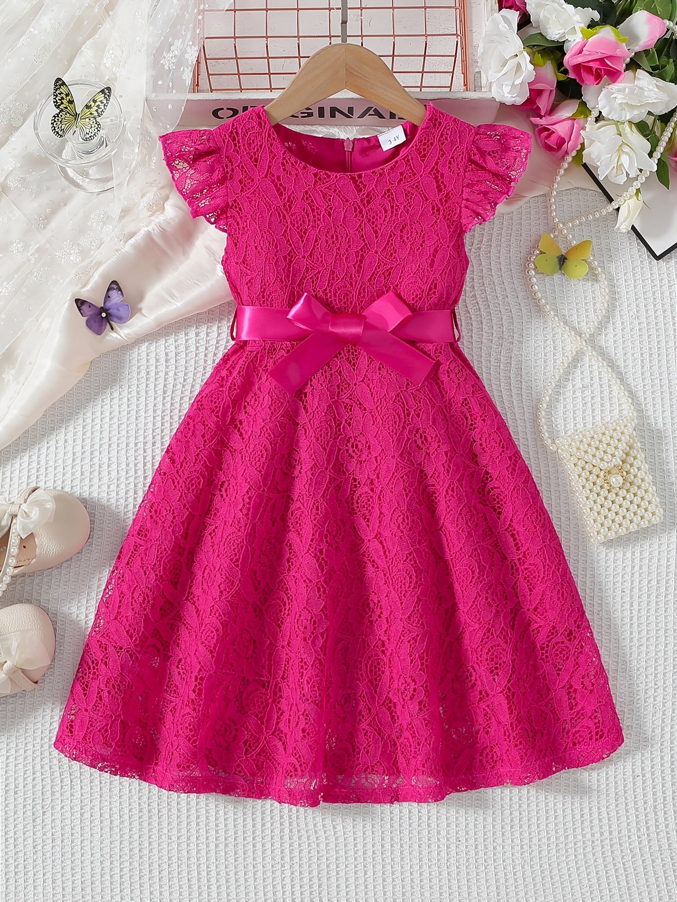 Girls' Summer Dress with Lace Detail Belt Flutter Sleeves Knee Length Fit and Flare Solid Polyester