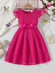 Girls' Summer Dress with Lace Detail Belt Flutter Sleeves Knee Length Fit and Flare Solid Polyester