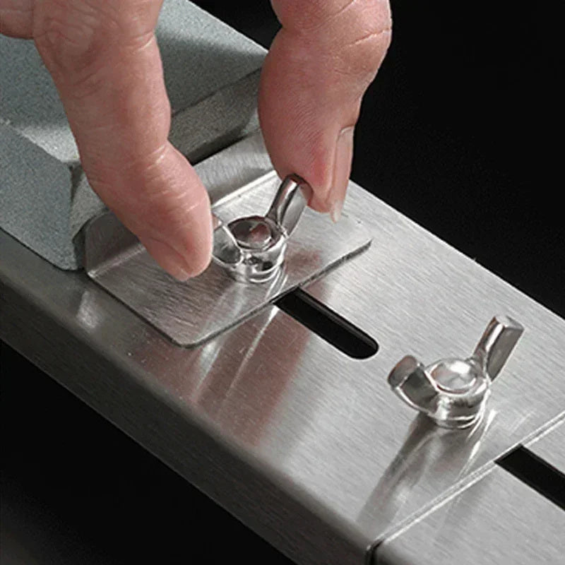 Stainless steel sink-mounted sharpening rack with adjustable bracket and glass oilstone