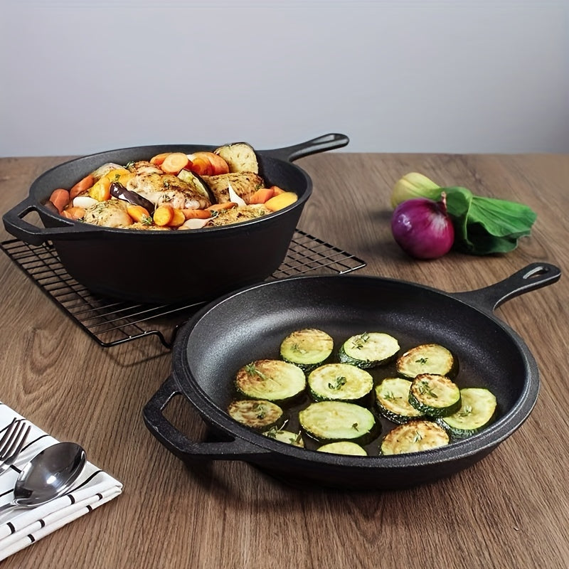 Dual-Sided Cast Iron Skillet Set Non-Stick Versatile for Frying Soup Stew