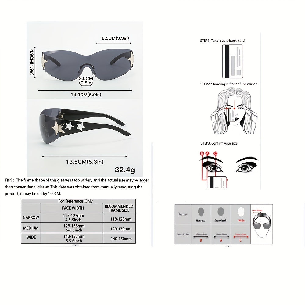 Gafas de moda unisex de gran tamaño con diseño futurista sin marco y decoraciones de estrellas