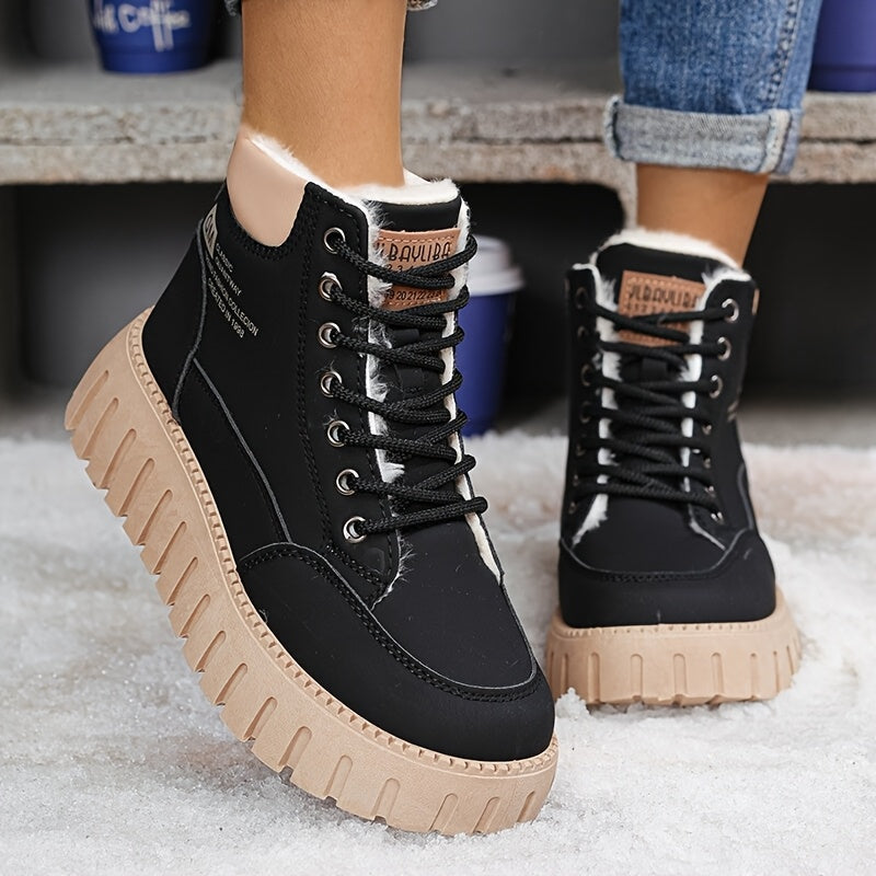 Women's Fleece-Lined Beige Mid-Heel Platform Ankle Boots