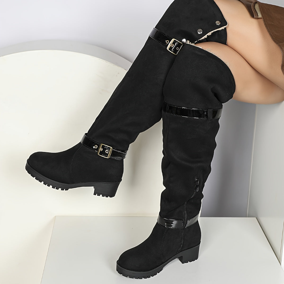 Women's Over-the-Knee Western Boots Buckle Round Toe Winter Lined
