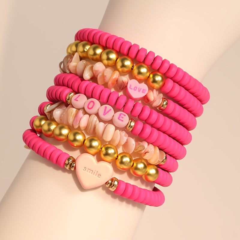 Pink Resin Beaded Heart Love Bracelet for Women Bohemian Style Valentine’s Day Accessory