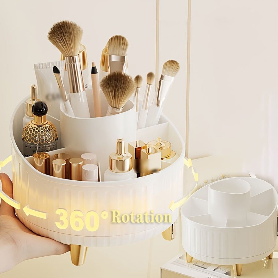 Pink and Gold Rotating Makeup Organizer with Multiple Compartments and Brush Holder