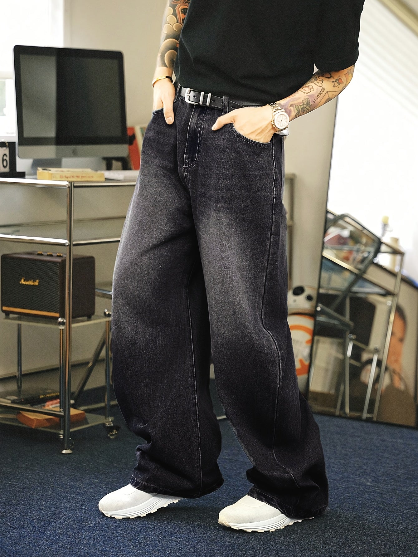 Men's Faded Washed Loose Fit Denim Jeans for Street Style All-Season