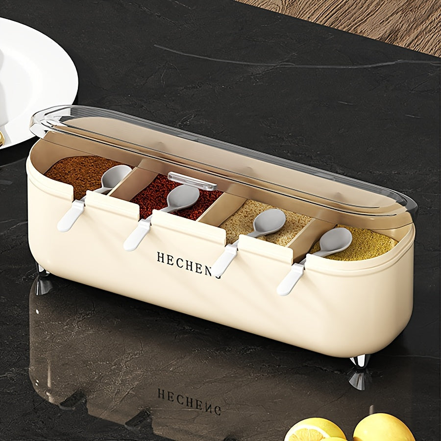 4-Compartment Seasoning Box with Lid and Spoon for Kitchen Storage
