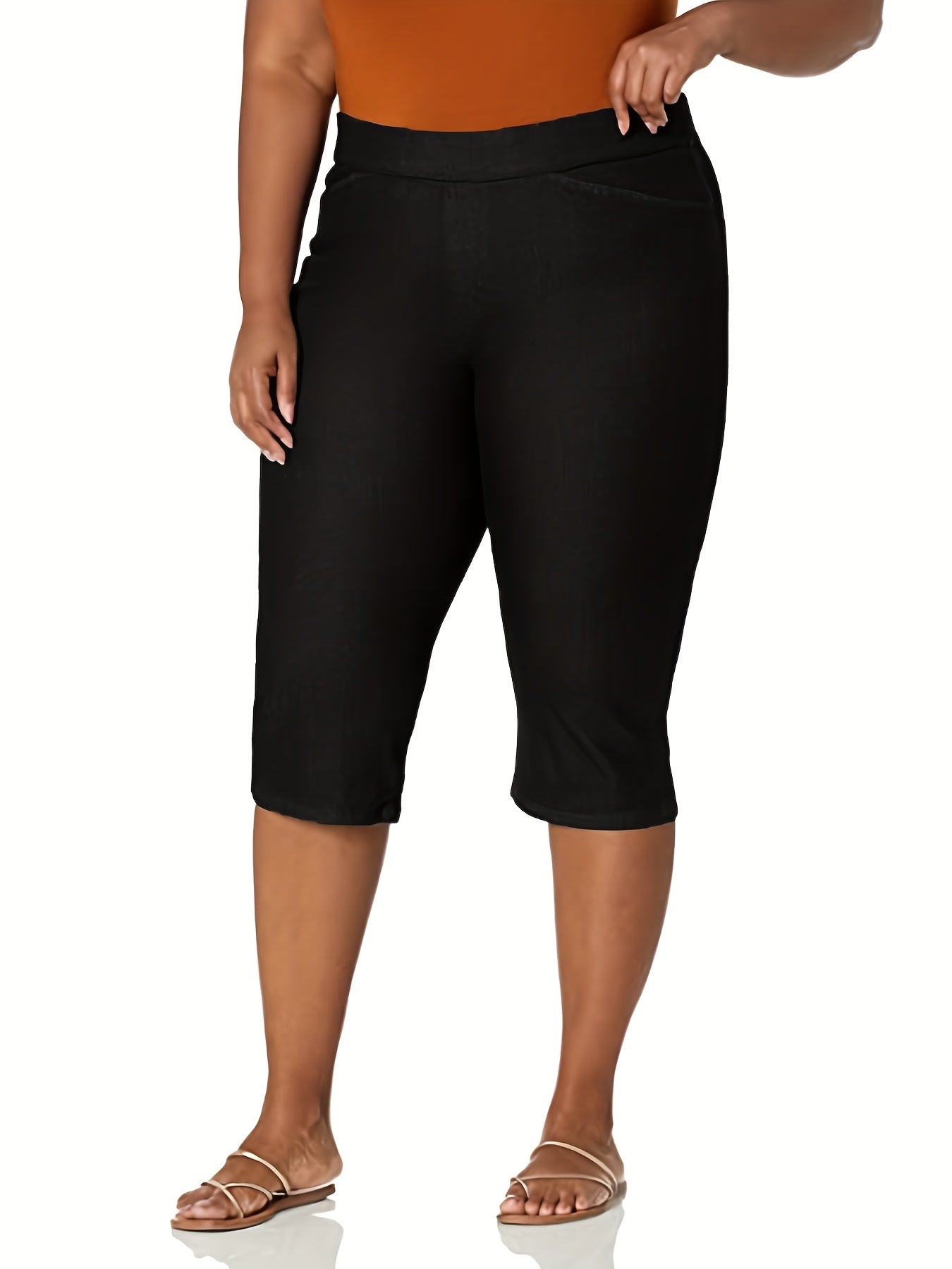 Women Plus Size Polyester Knit Shorts High Stretch Solid Summer Pockets