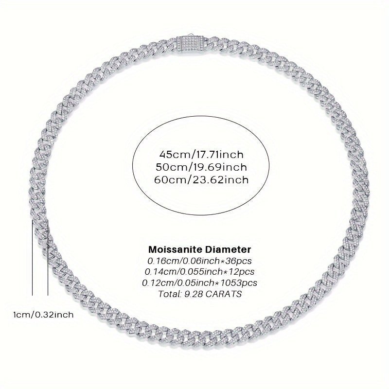 Sterling Silver Cuban Chain Necklace with Moissanite for Men and Women