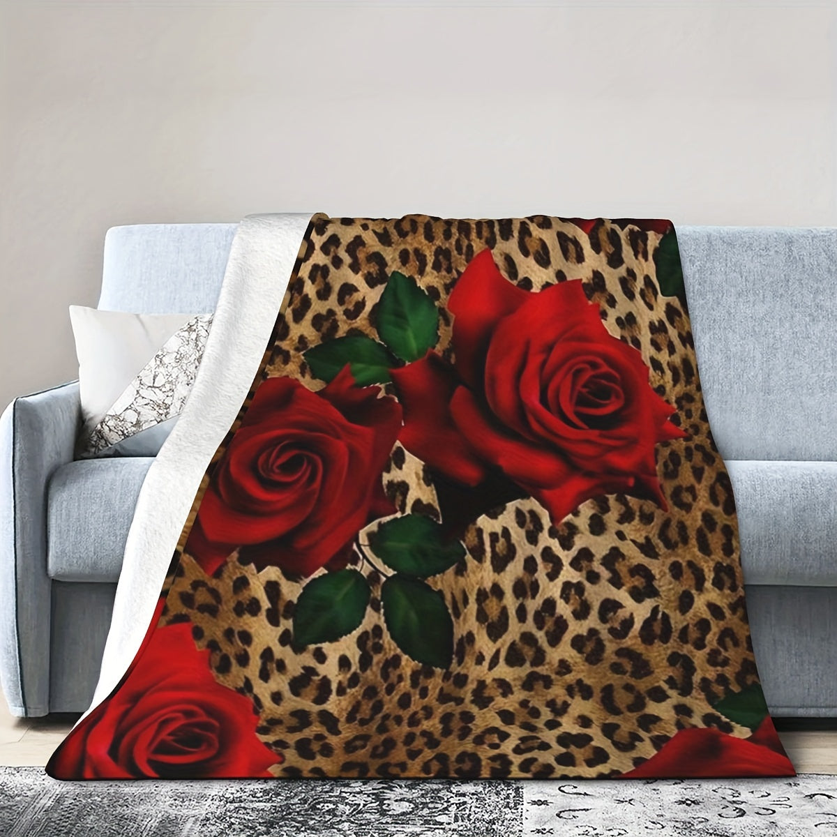 Leopard and Rose Print Flannel Throw Blanket Reversible Soft Warm for Couch Bed Travel