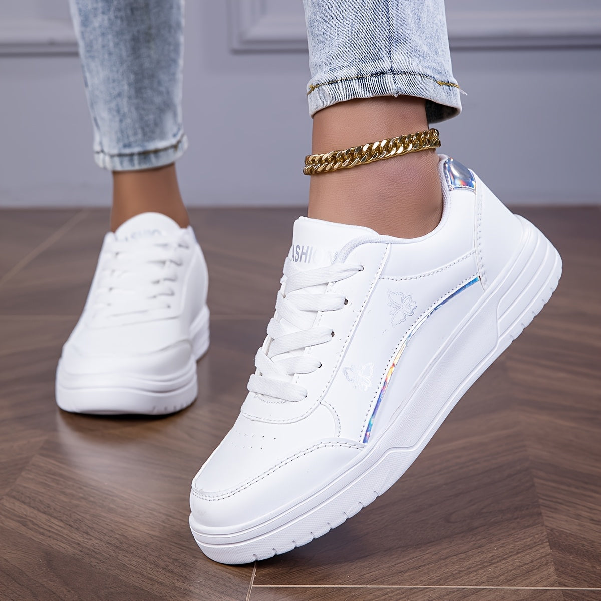 Women's Casual White Low-Top Sneakers with Gold Accents