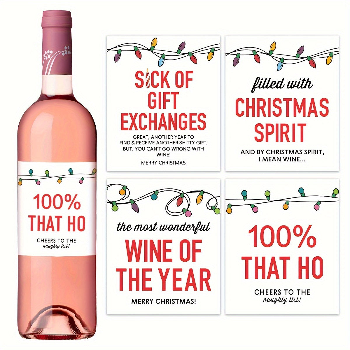 4 ta yuqori sifatli Rojdestvo vino shishasi stikerlari to'plami - 9.91x11.94sm bayram bezaklari, ta'til partiyalari va sovg'a qadoqlash uchun mukammal, o'yinchoq Naughty List dizaynlari bilan.