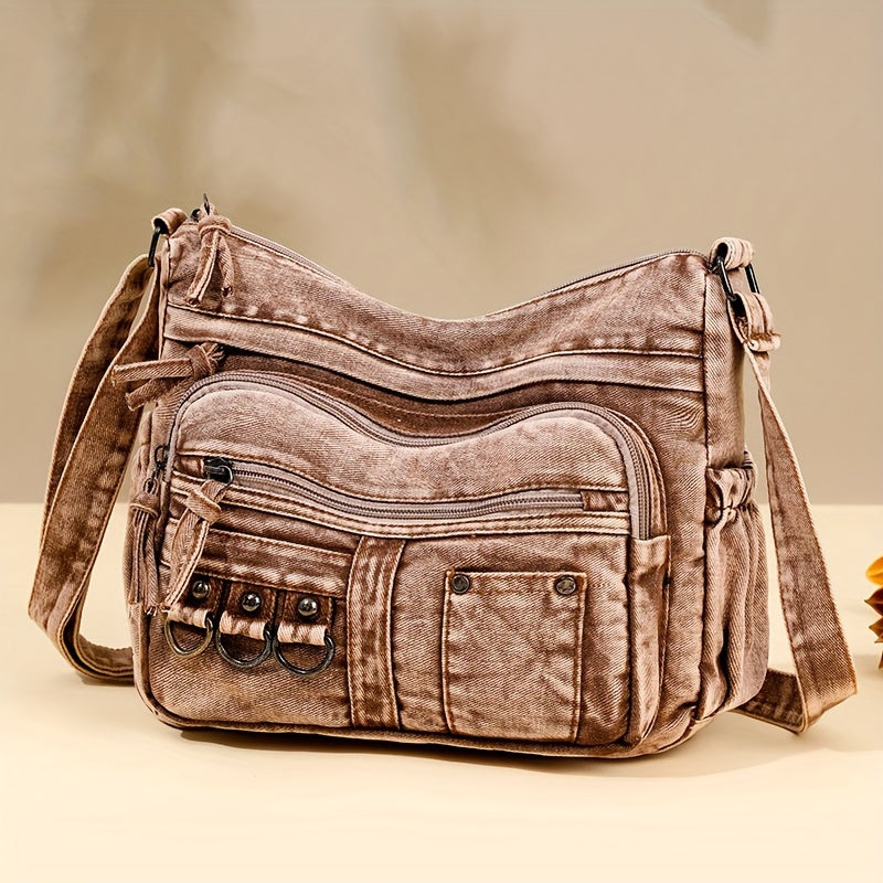 Ayollar uchun vintage yuvilgan denim yelka sumkasi, fermuari bilan yopiladi, Guangzhou shahrida ishlab chiqarilgan kovboy uslubidagi kesim sumka.