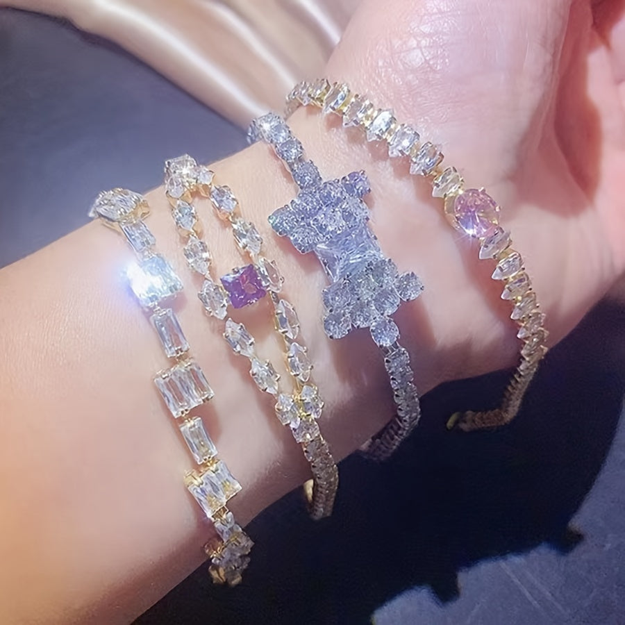 Set of 10 Women's Cubic Zirconia Bracelets Copper Synthetic Stones Jewelry